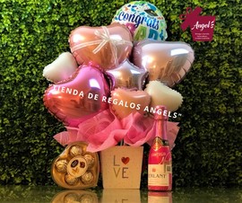 BOUQUET  DE GLOBOS, VINO Y CHOCOLATES ROSA